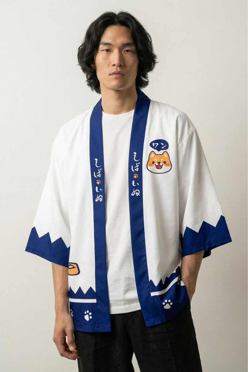 Haori-Kimono 'Shiba Inu', offene Kimono-Jacke mit Kawaii-Shiba-Inu und Kanji, Rückenansicht