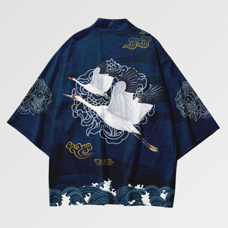 Streetwear-Haori 'Tsuru-Muster' – Kimono im traditionellen japanischen Stil für Herren und Damen
