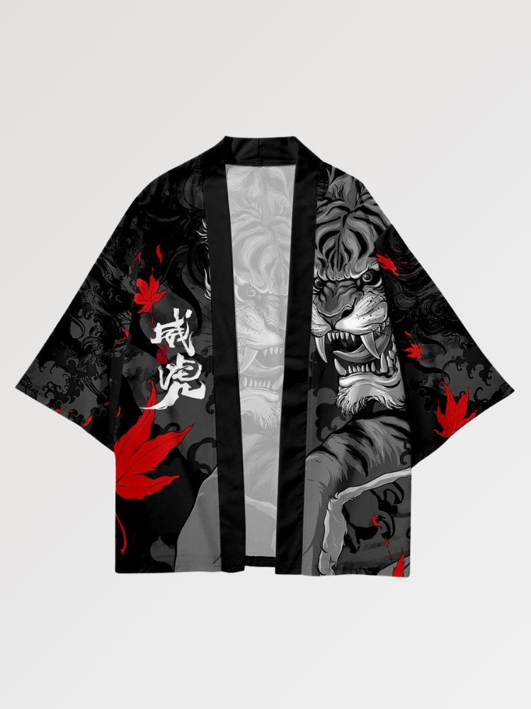 Haori-Tiger 'Japan Taiga', Detailansicht des Rückenmotivs mit orangefarbenem Tiger und Ahornblättern