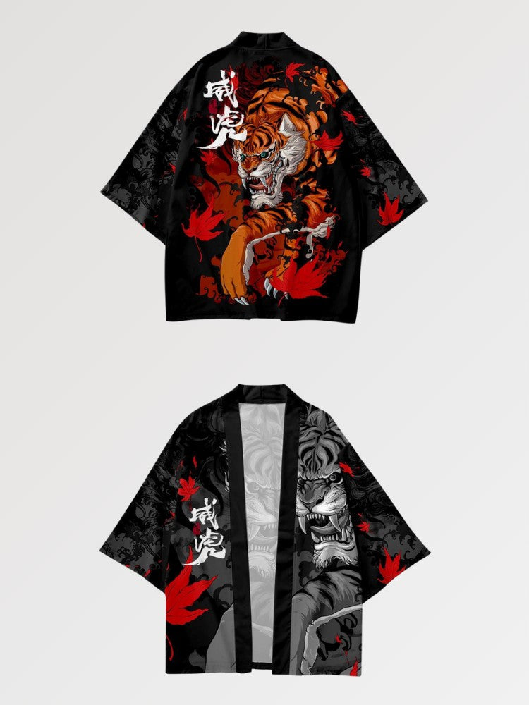 Haori-Tiger 'Japan Taiga' mit Kimonoärmeln, Layering-Jacke mit orangefarbenem Tiger und Ahornblättern