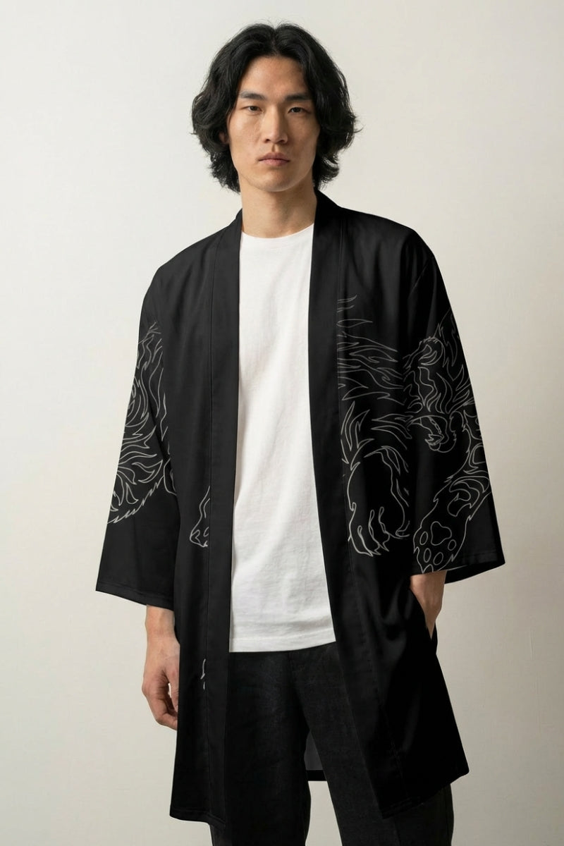 Happi Coat «Kuro Tora», offener japanischer Happi Coat mit Ton-in-Ton-Tiger auf Schwarz, Vorderansicht