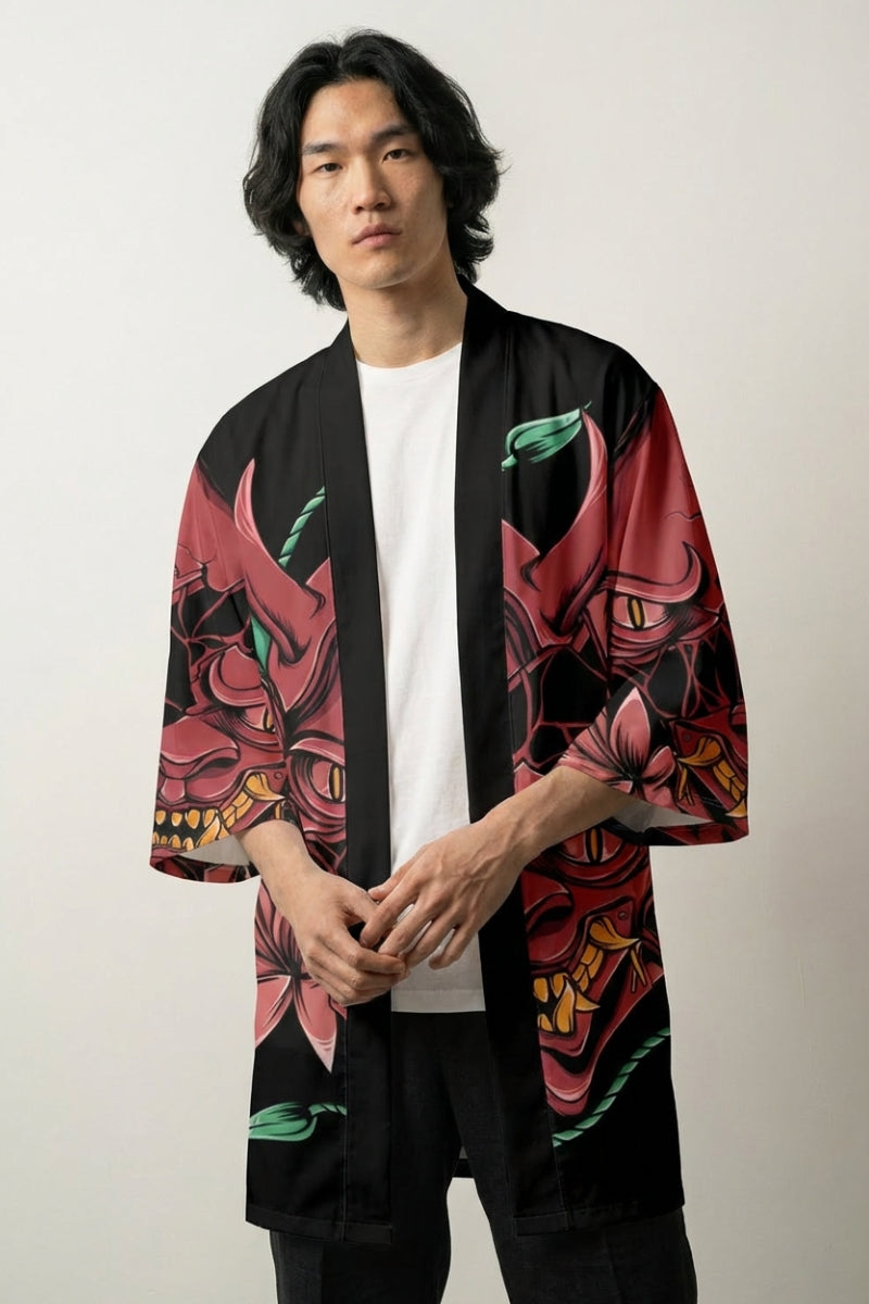 Happi Coat «Oni Kuro», offener japanischer Happi Coat mit roter Oni-Maske und Shimenawa-Seil auf Schwarz, Vorderansicht