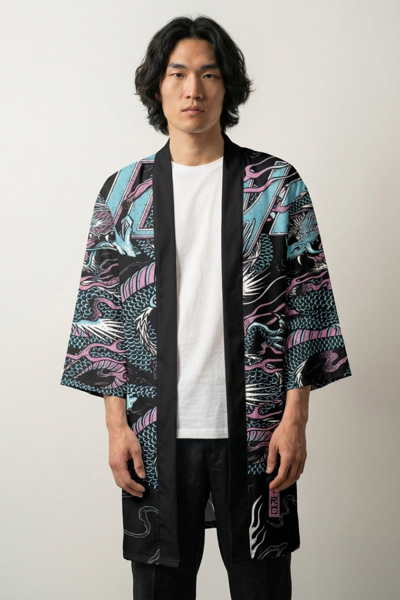 Happi Coat «Ryū Tokyo», offener japanischer Happi Coat mit türkisfarbenem Drachen und Tokyo-Schriftzug auf Schwarz, Vorderansicht