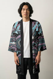 Happi Coat «Ryū Tokyo», offener japanischer Happi Coat mit türkisfarbenem Drachen und Tokyo-Schriftzug auf Schwarz, Vorderansicht
