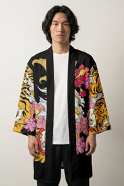 Happi Coat «Tora Sakura», offener japanischer Happi Coat mit orangefarbenem Tiger, Sakura und goldenen Wolken, Vorderansicht