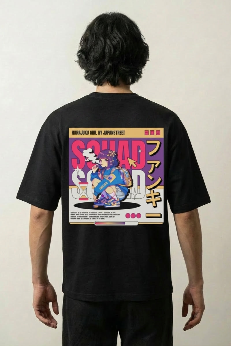 Harajuku T-Shirt mit bunter Funky-Figurenbande, Tokyoter Streetwear-Druck, oversize Baumwolle, Vorderansicht