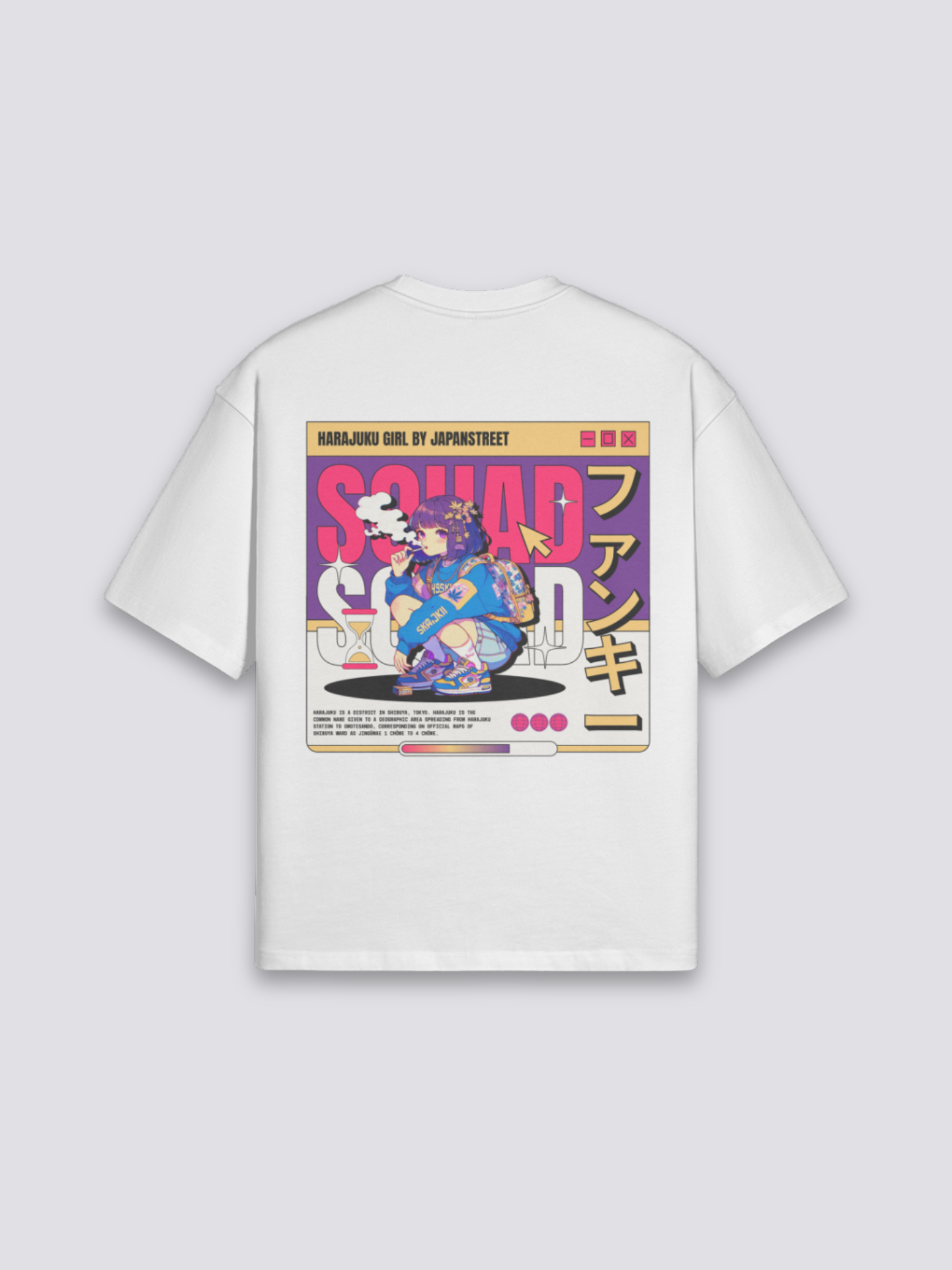 Harajuku T-Shirt mit bunter Funky-Figurenbande, Tokyoter Streetwear-Druck, oversize Baumwolle, Rückenansicht mit Rückendruck