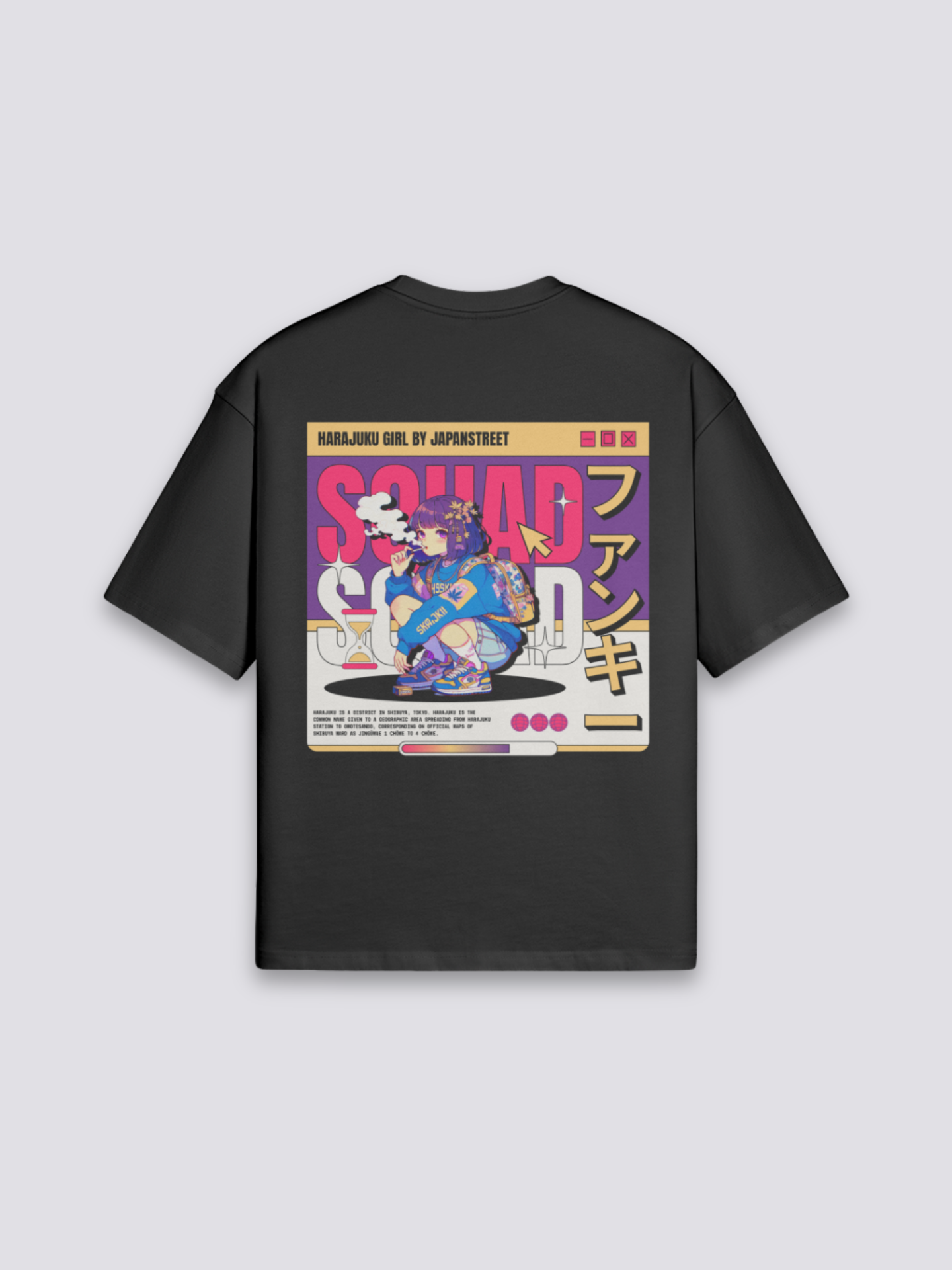 Harajuku T-Shirt mit bunter Funky-Figurenbande, Tokyoter Streetwear-Druck, oversize Baumwolle, seitliche Ansicht