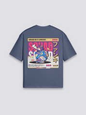 Harajuku T-Shirt mit bunter Funky-Figurenbande, Tokyoter Streetwear-Druck, oversize Baumwolle, Nahaufnahme des Drucks