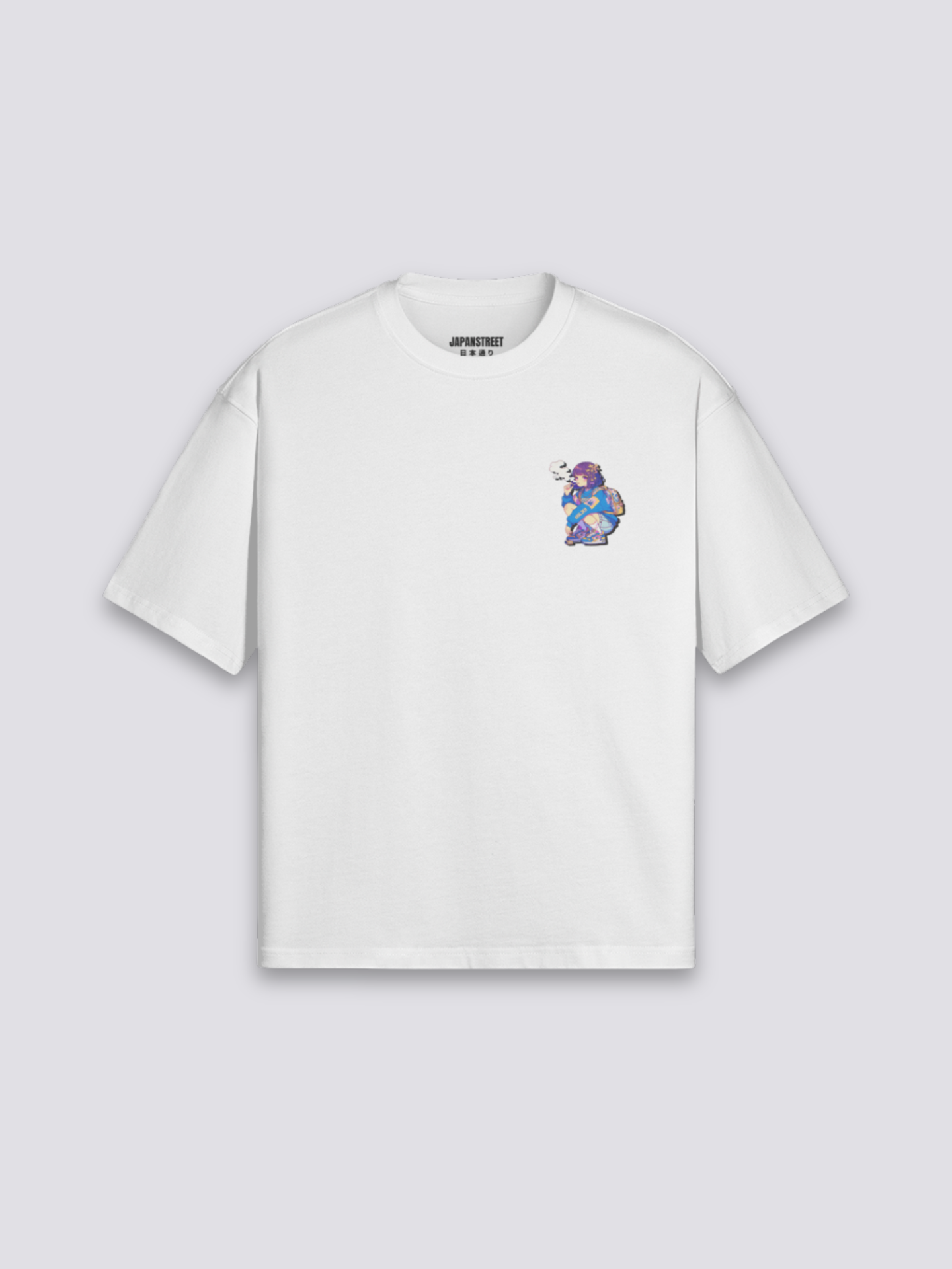 Harajuku T-Shirt mit bunter Funky-Figurenbande, Tokyoter Streetwear-Druck, oversize Baumwolle, Gesamtansicht getragen