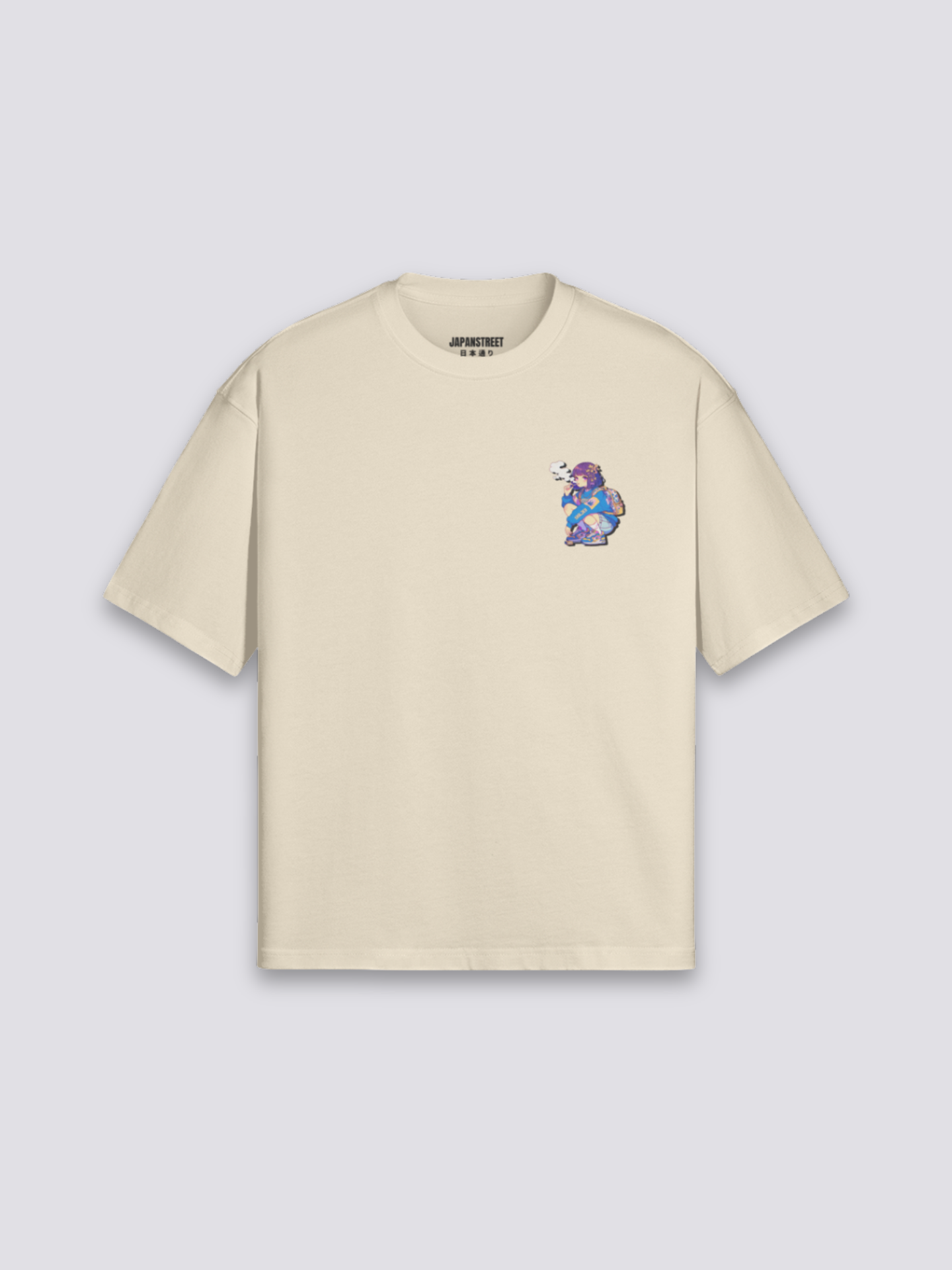 Harajuku T-Shirt mit bunter Funky-Figurenbande, Tokyoter Streetwear-Druck, oversize Baumwolle, Vorderansicht Farbvariante