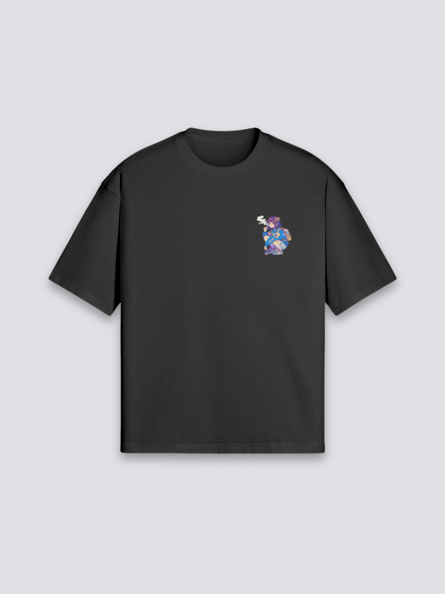Harajuku T-Shirt mit bunter Funky-Figurenbande, Tokyoter Streetwear-Druck, oversize Baumwolle, Rückenansicht Farbvariante
