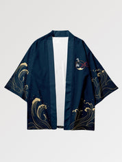 Herren-Haori 'Okinawa', Detailansicht des Rückenmotivs mit zinnoberroten Kranichen und Kalligrafie