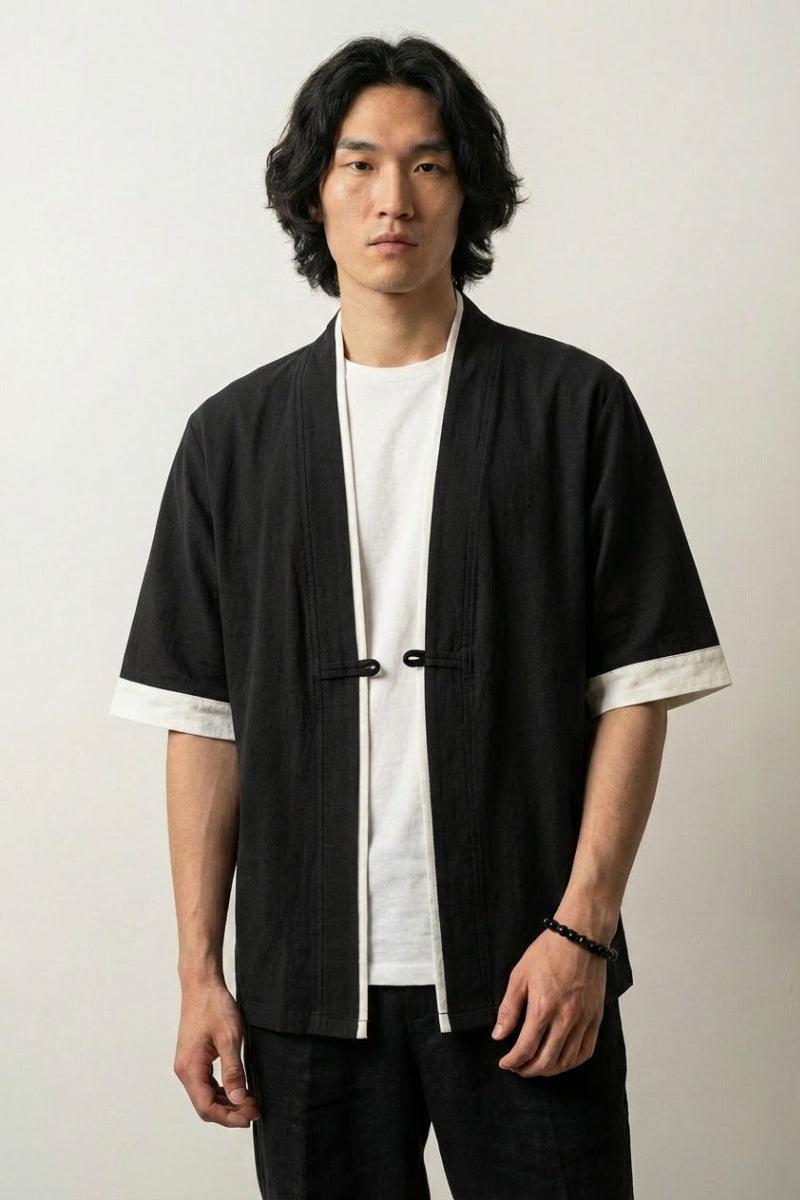 Herren-Kimono-Jacke Hideki schwarz, Baumwolle Leinen, japanische Streetwear Haori Vorderansicht
