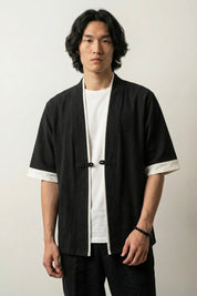 Herren-Kimono-Jacke Hideki schwarz, Baumwolle Leinen, japanische Streetwear Haori Vorderansicht