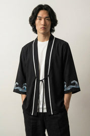 Herren-Kimono Kanagawa, Welle Hokusai Preußischblau bedruckt, Baumwolle Leinen Vorderansicht