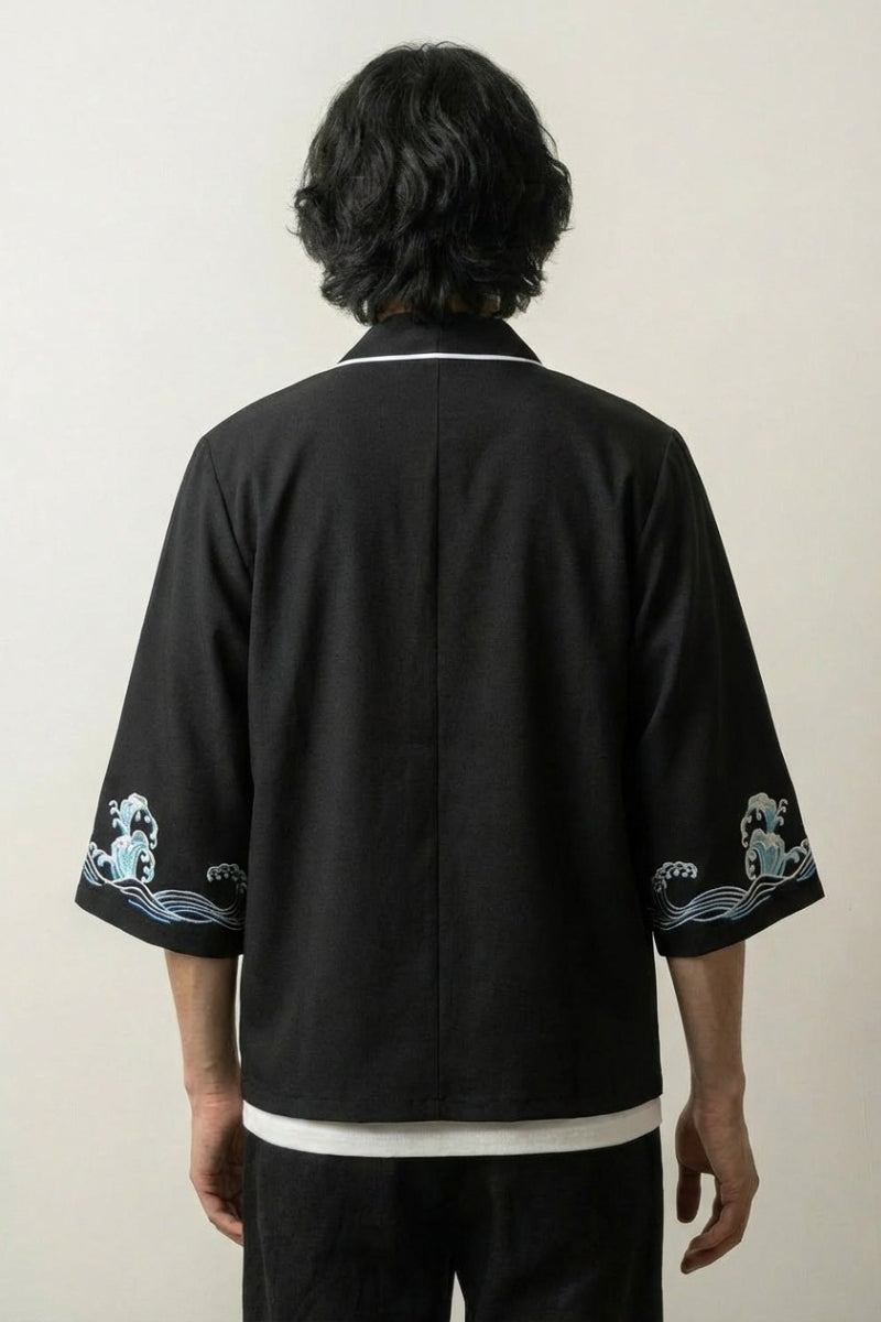 Kimono Kanagawa Wellenmuster Dreiviertelärmel, Männer japanisch, Rückenansicht