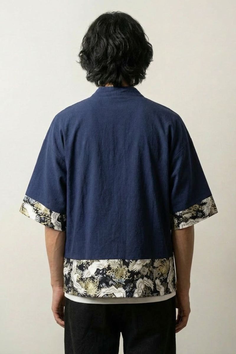 Marineblaues Kimono-Hemd Arata knitterarm, Männer Reise, Rückenansicht