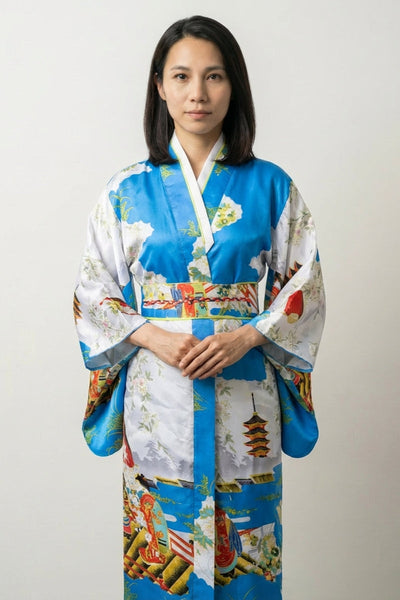 Himmelblaues Kimono-Kleid Ukiyo-e 'Sora'