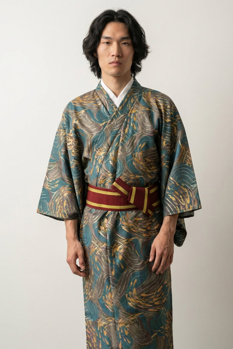 Hō-ō-Kimono 'Koniya', bodenlanger japanischer Yukata mit Kupfer- und Goldfedern auf Petrol, Vorderansicht