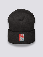 Hokusai-Beanie – Beanie, gestickte aufgehende Sonne über Ukiyo-e-Wellen, Rückansicht