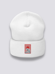 Hokusai-Beanie – Beanie, gestickte aufgehende Sonne über Ukiyo-e-Wellen, Vorderansicht