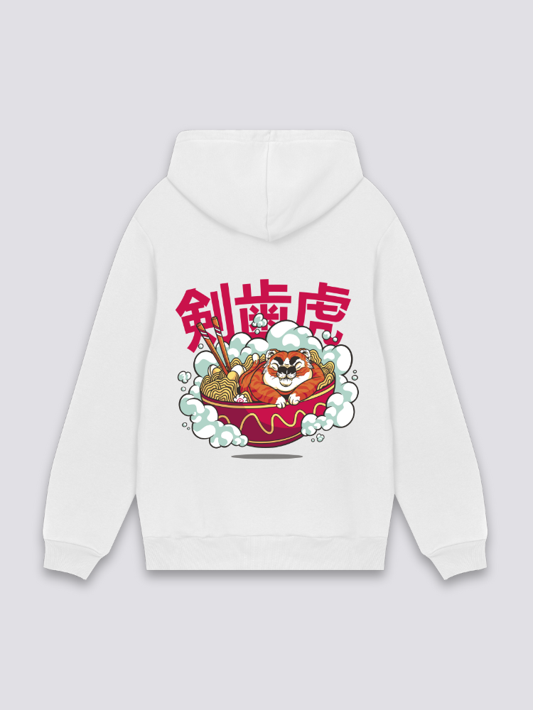 Hoodie mit japanischer Schrift in Weiß, japanischer Streetwear-Hoodie mit Säbelzahntiger und Ramen-Lettering