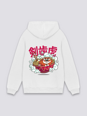 Hoodie mit japanischer Schrift in Weiß, japanischer Streetwear-Hoodie mit Säbelzahntiger und Ramen-Lettering