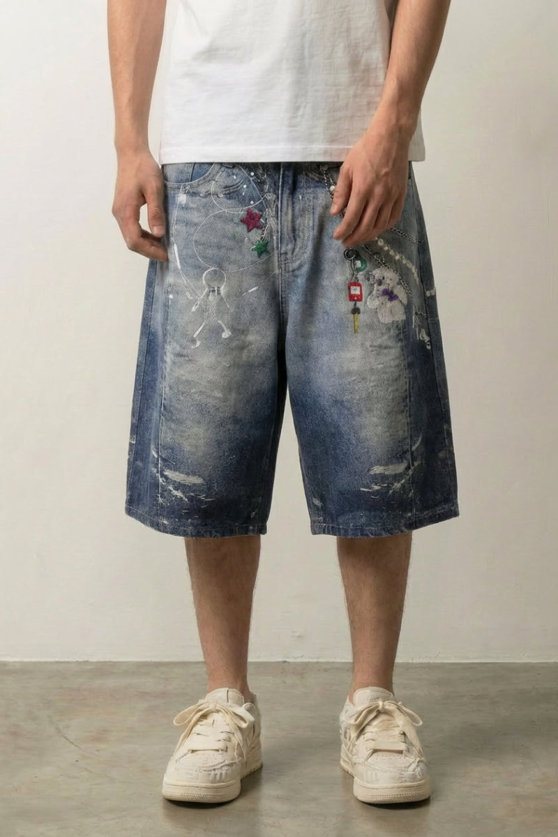 Individuelle Denim-Shorts – Denim-Shorts Herren japanischer Streetwear, Vorderansicht