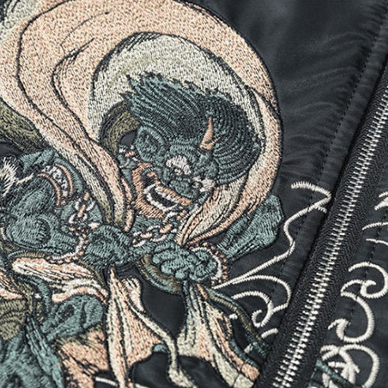Japanische Bomberjacke 'Yokai Oniri' – mit Reißverschluss: detailreicher Bomberjacke im japanischen Stil