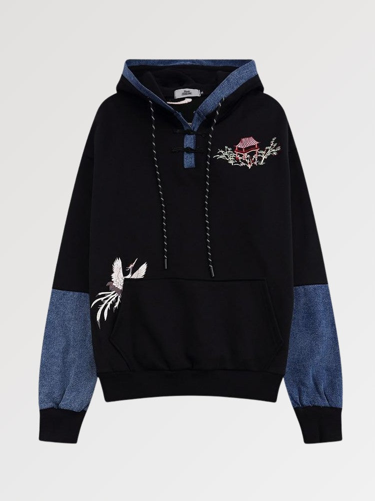 Kapuzenpullover mit Blumenmotiv 'Sakura Patchwork' – Oversize, Hoodie im japanischen Design