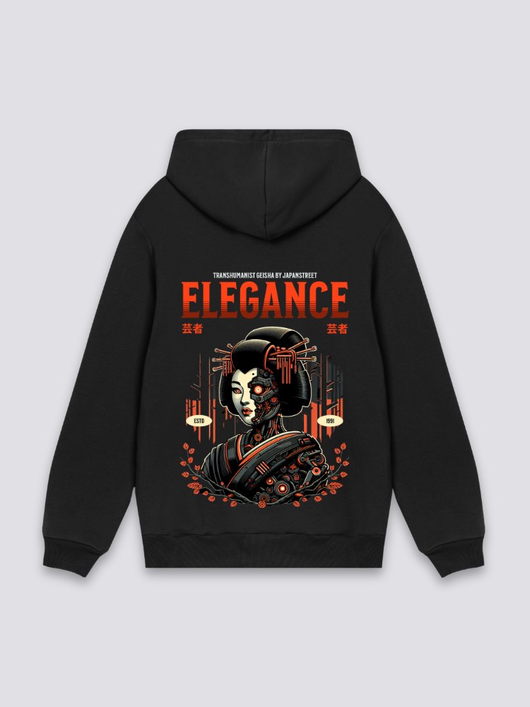 japanisch inspirierter Hoodie in Schwarz, oversize Kapuzenpullover mit Cyborg-Geisha