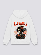 japanisch inspirierter Hoodie in Weiß, japanischer Streetwear-Hoodie mit Cyborg-Geisha