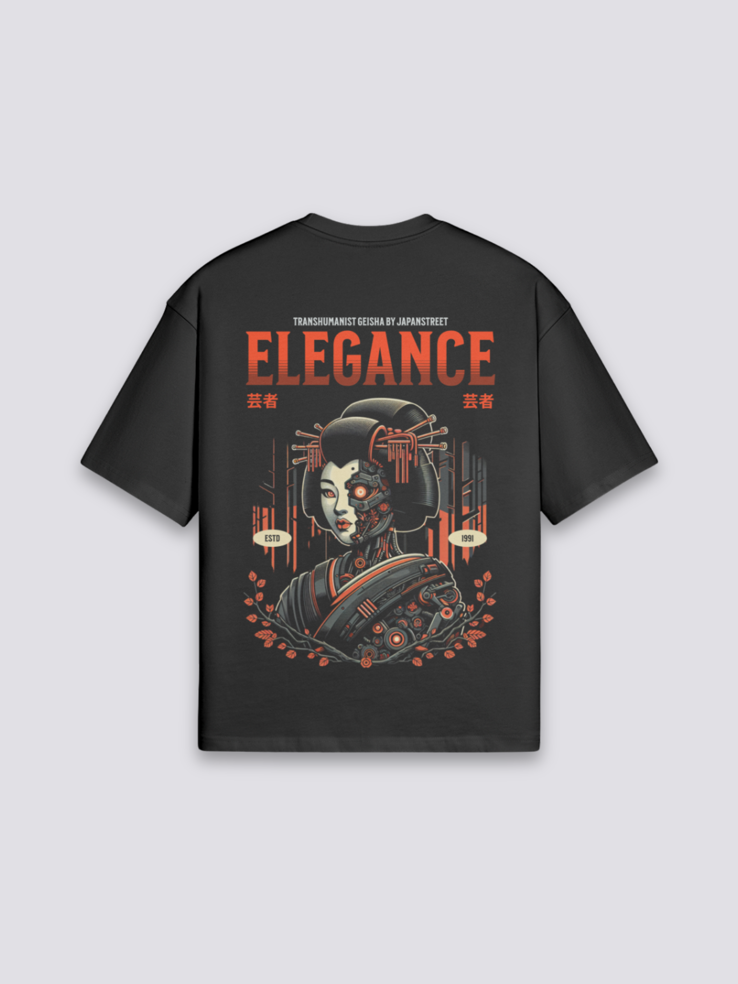 japanisch inspiriertes T-Shirt mit Cyborg-Geisha, transhumanistischer Cyberpunk-Druck, oversize, Rückenansicht mit Rückendruck