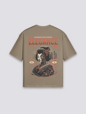 japanisch inspiriertes T-Shirt mit Cyborg-Geisha, transhumanistischer Cyberpunk-Druck, oversize, Detailansicht des Motivs