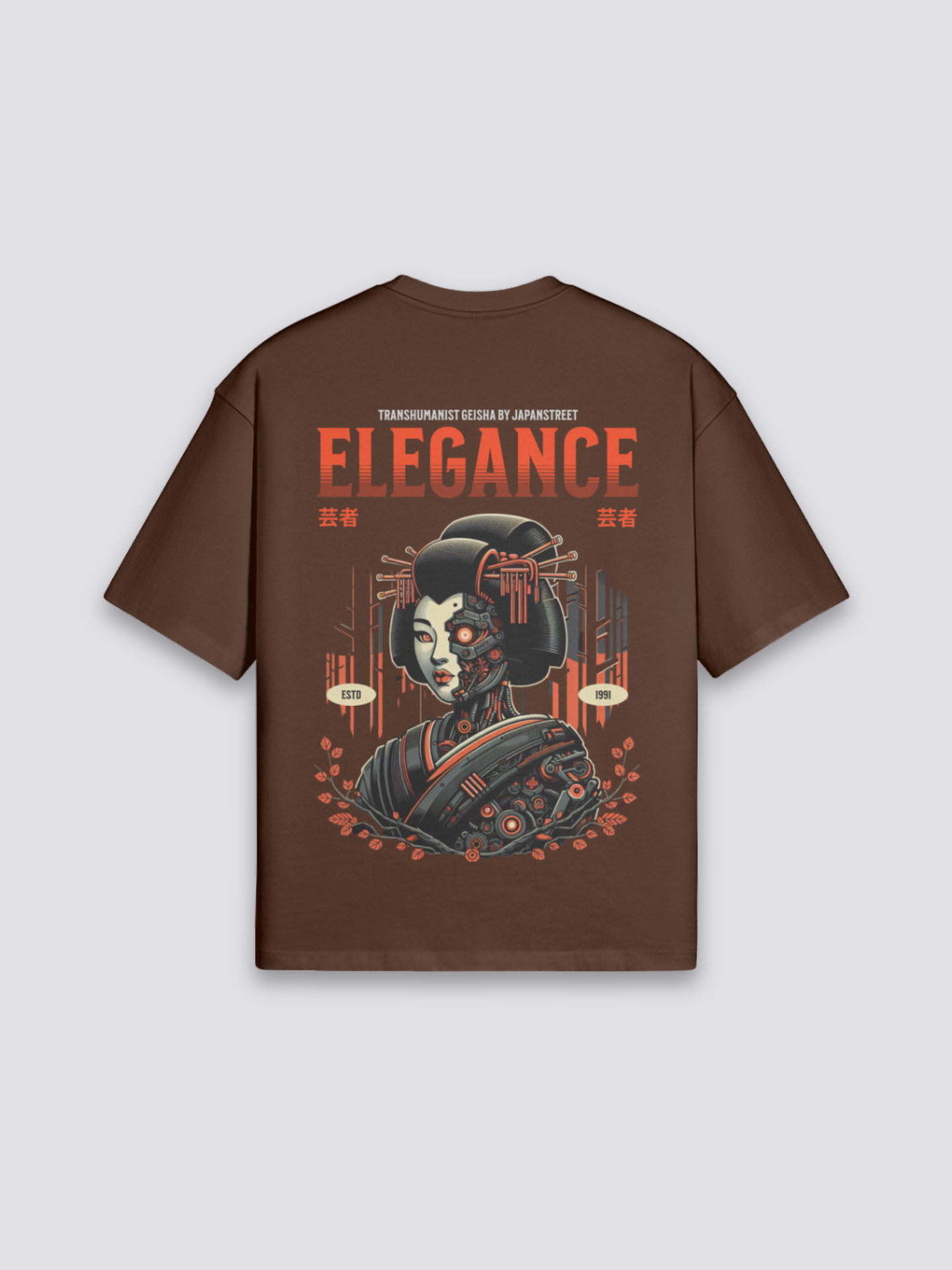 japanisch inspiriertes T-Shirt mit Cyborg-Geisha, transhumanistischer Cyberpunk-Druck, oversize, seitliche Ansicht