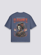 japanisch inspiriertes T-Shirt mit Cyborg-Geisha, transhumanistischer Cyberpunk-Druck, oversize, Nahaufnahme des Drucks
