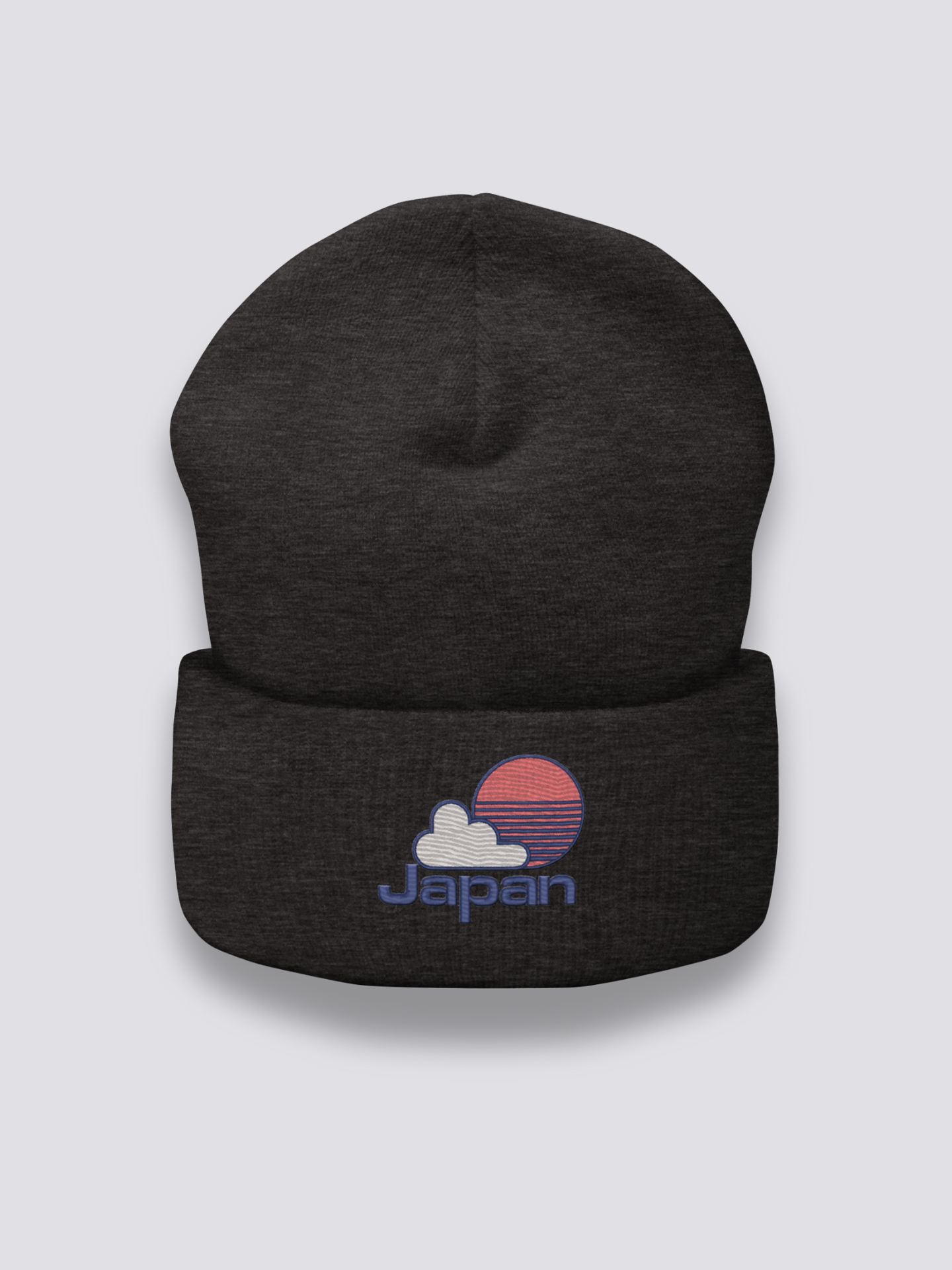 Japanische Baseball-Beanie – Beanie, gesticktes Sonnen- und Japan-Motiv im Yakyū-Stil, Detailaufnahme der Stickerei
