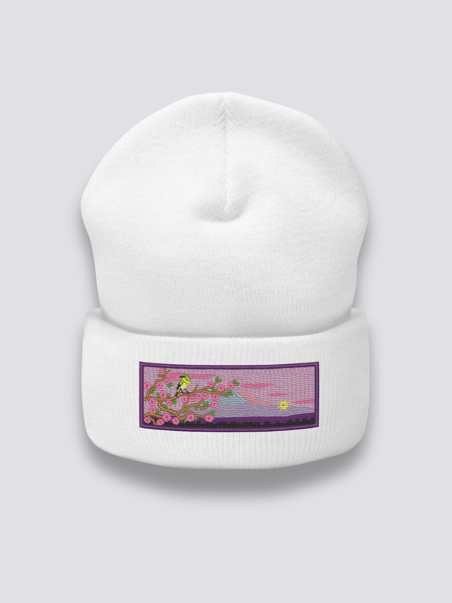 Japanische Frühlings-Beanie – Beanie, gestickter Vogel, Kirschbaum und Fuji, Seitenansicht