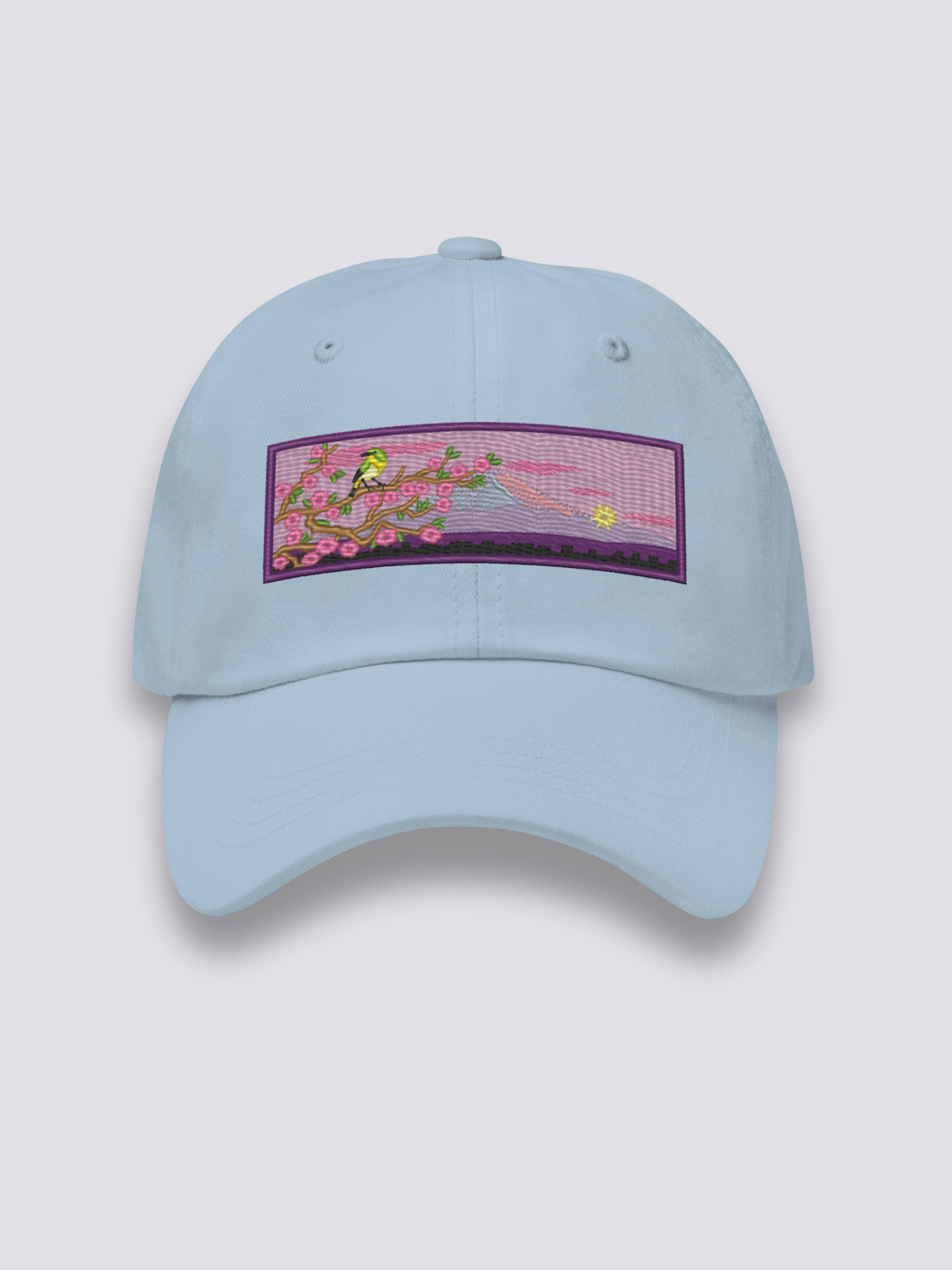 Japanische Frühlings-Cap – japanische Cap, gestickter Vogel, Kirschbaum und Fuji, Detailaufnahme der Stickerei