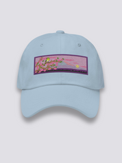 Japanische Frühlings-Cap – japanische Cap, gestickter Vogel, Kirschbaum und Fuji, Detailaufnahme der Stickerei