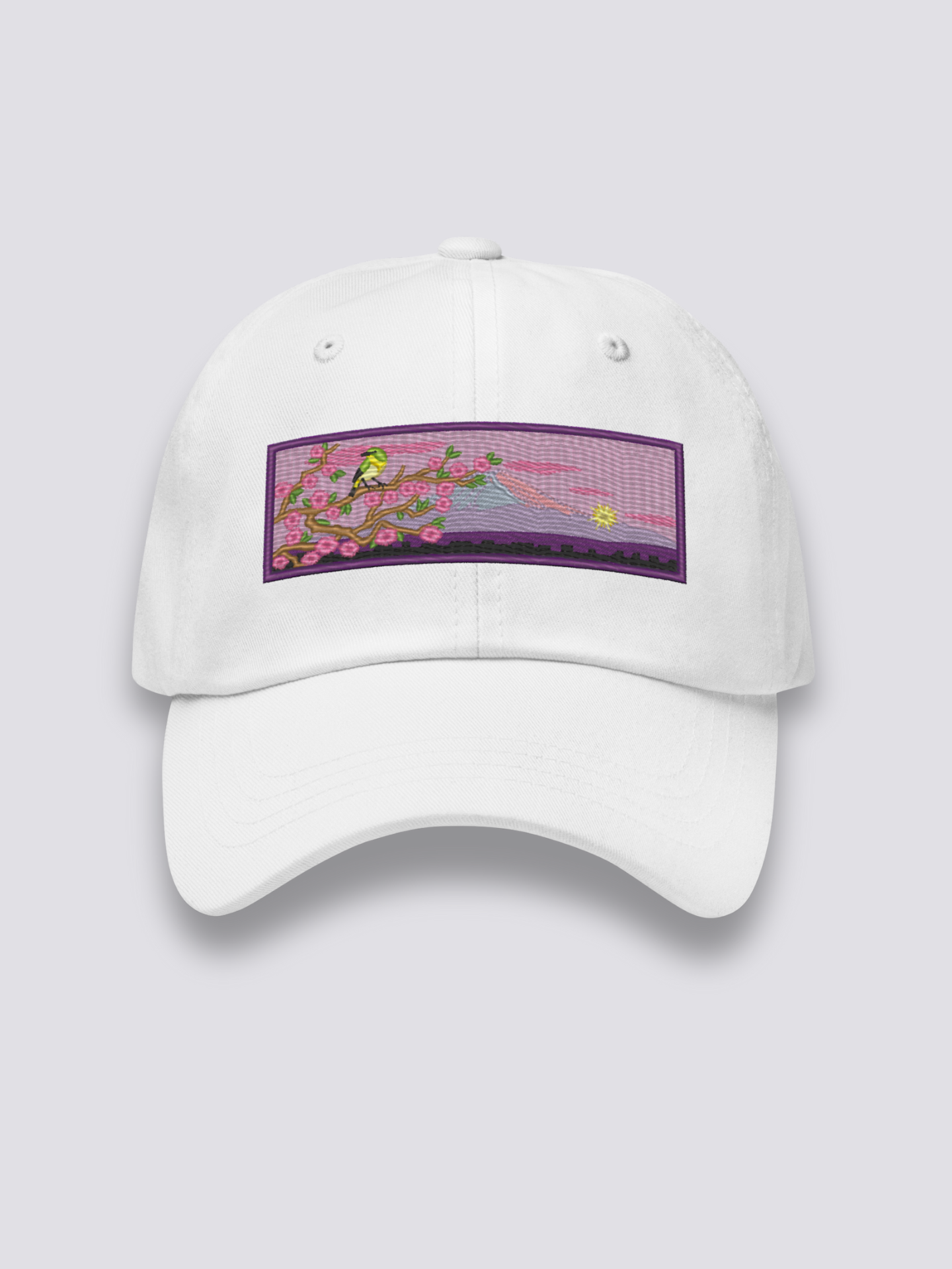 Japanische Frühlings-Cap – japanische Cap, gestickter Vogel, Kirschbaum und Fuji, Rückansicht