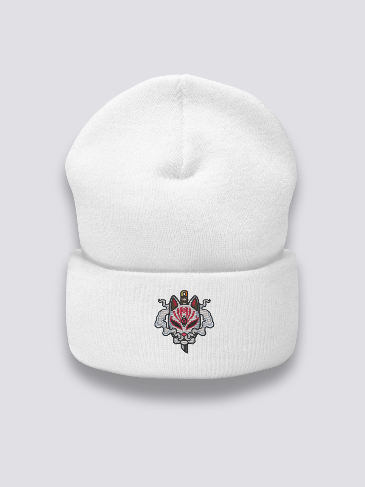 Japanische Fuchs-Beanie – Beanie, gestickte Kitsune-Maske von Katana durchbohrt, Seitenansicht