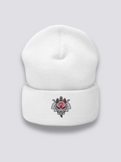 Japanische Fuchs-Beanie – Beanie, gestickte Kitsune-Maske von Katana durchbohrt, Seitenansicht
