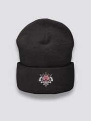 Japanische Fuchs-Beanie – Beanie, gestickte Kitsune-Maske von Katana durchbohrt, Rückansicht