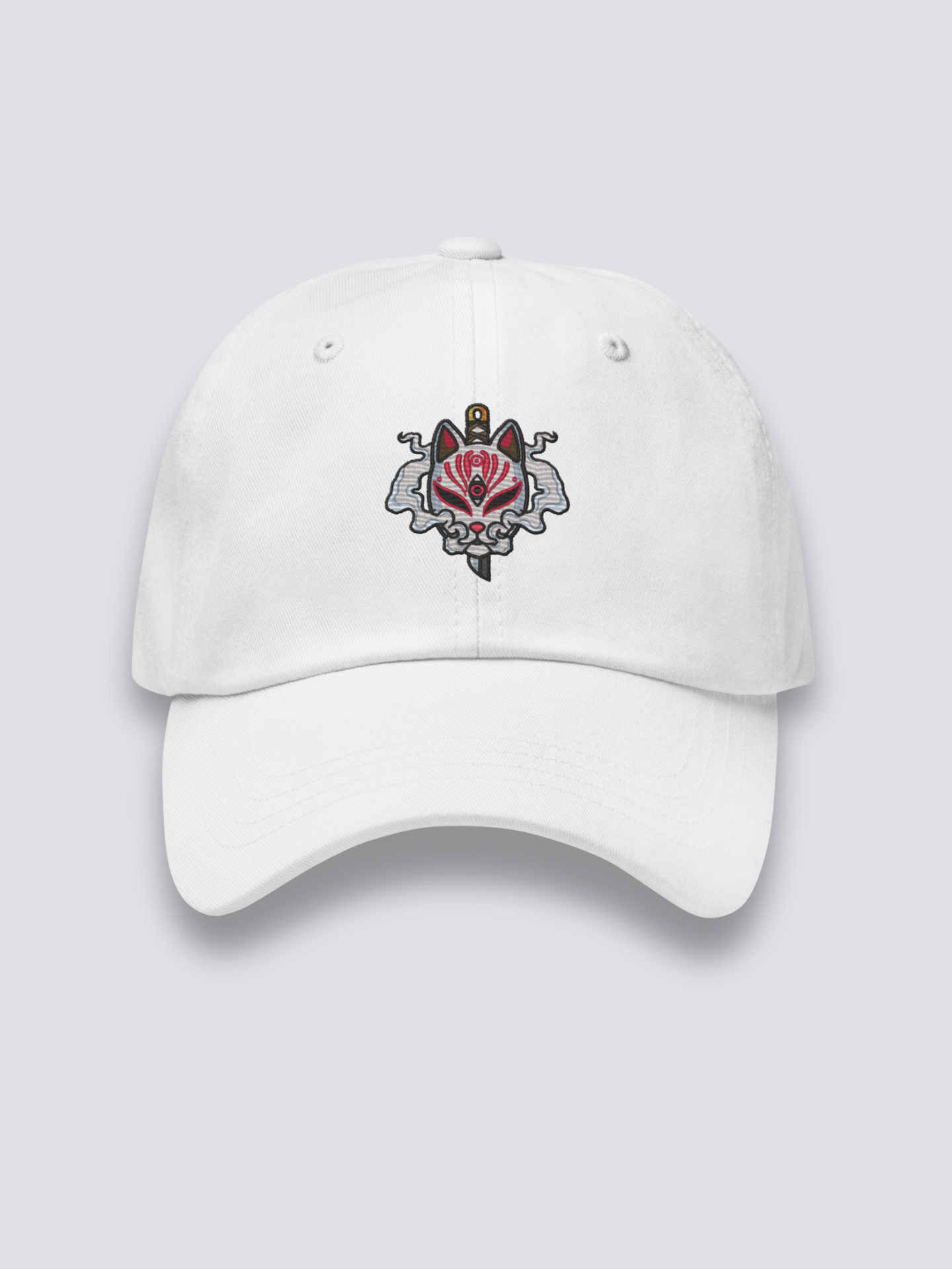Japanische Fuchs-Cap – japanische Cap, gestickte Kitsune-Maske von Katana durchbohrt, Seitenansicht