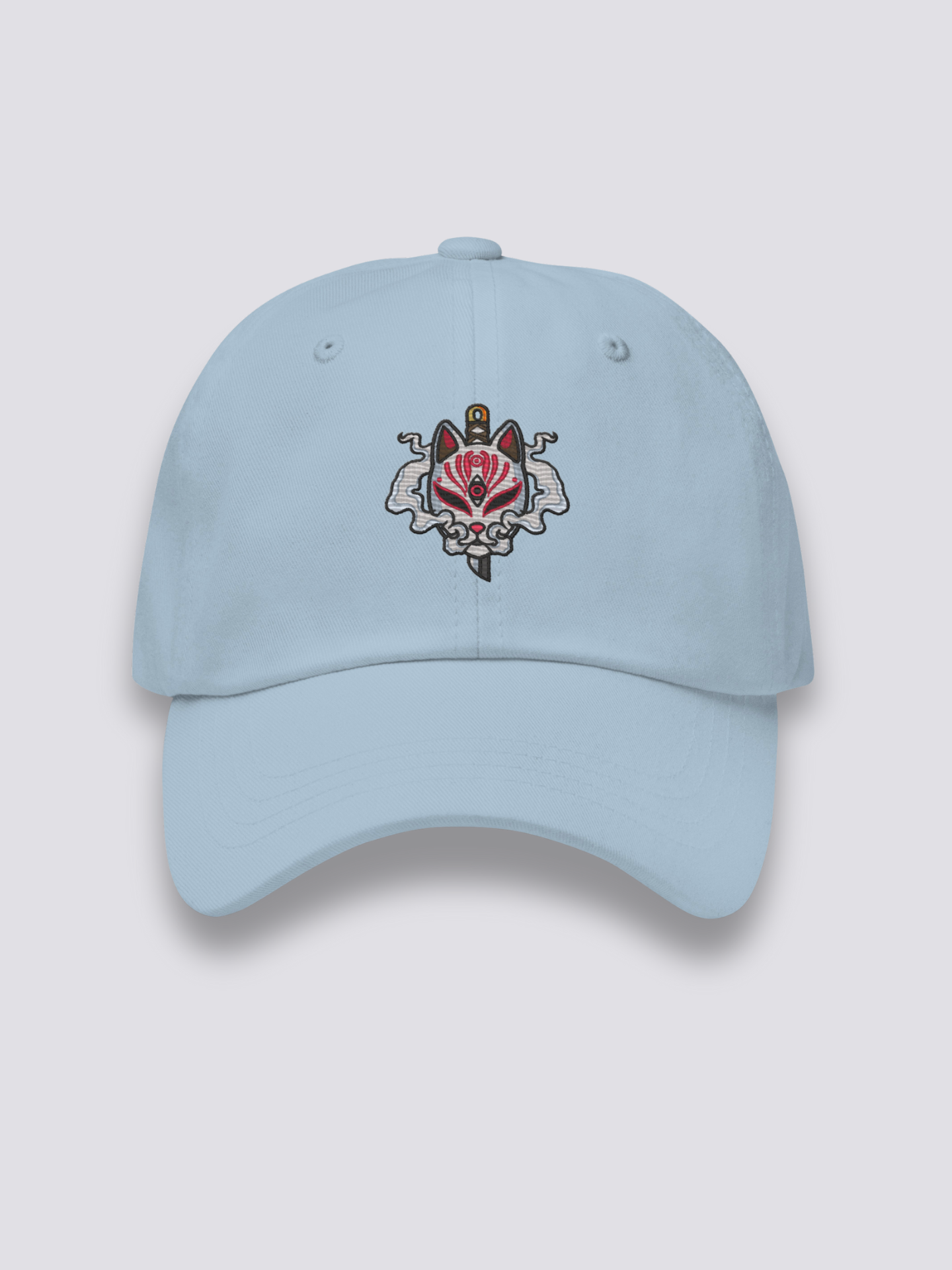 Japanische Fuchs-Cap – japanische Cap, gestickte Kitsune-Maske von Katana durchbohrt, Vorderansicht