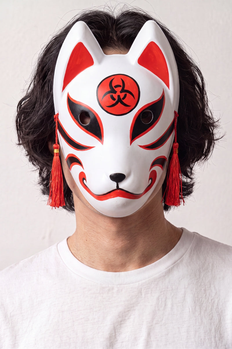 Kitsune-Maske mit rotem Siegel von einem Model getragen — weißer Fuchs mit rotem Scheibenzeichen auf der Stirn, roten Kordeln und Glöckchen