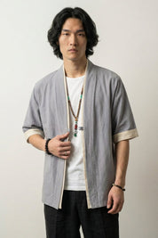 Herren-Kimono-Jacke Grey Hideki grau, Baumwolle Leinen, japanisches Haori Wabi-Sabi Vorderansicht