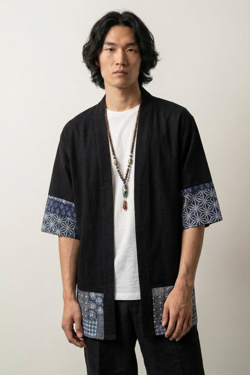 Schwarze Herren-Kimono-Jacke Mitsuo leicht, japanisches Streetwear-Haori, Kordeln Vorderansicht